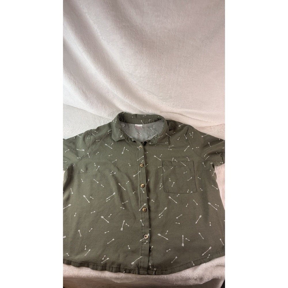 No Boundaries Olive Green Arrow Print Button Up Shirt Juniors XL 15-17 Western